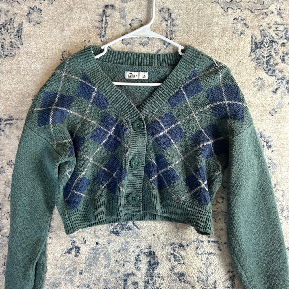 Hollister Green and Blue Argyle Cardigan